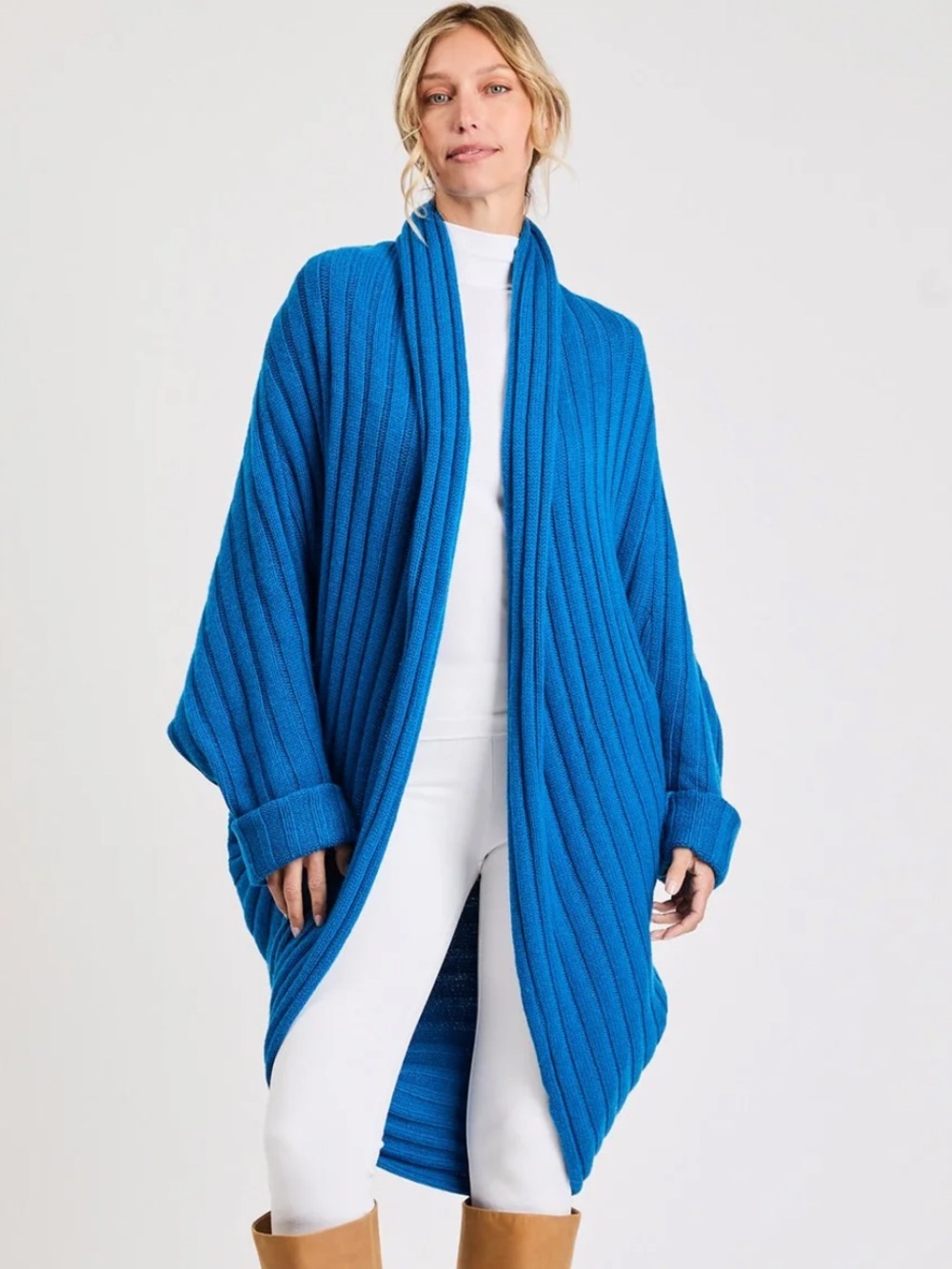 Beryll NWT Cashmere Open-Front Ribbed Cardigan in Bright Blue